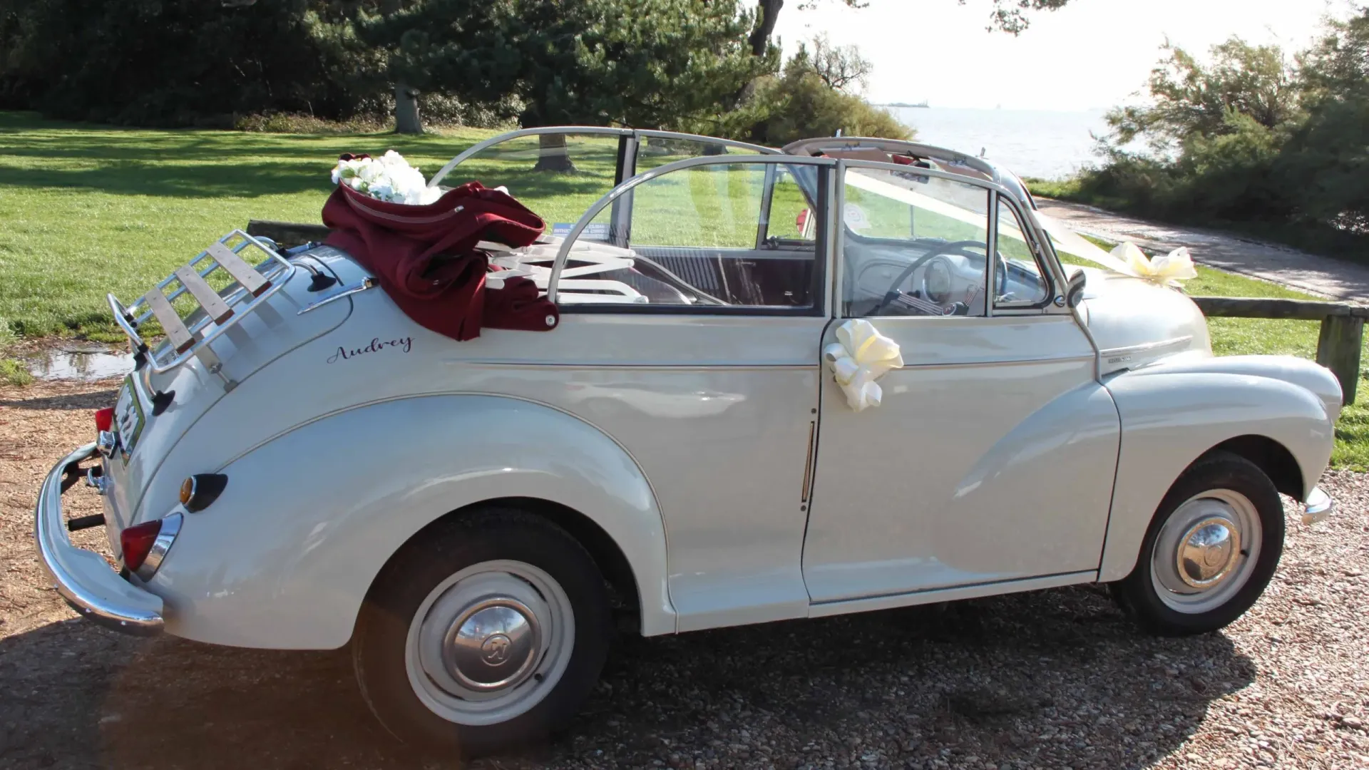 Morris Minor side view with roof down