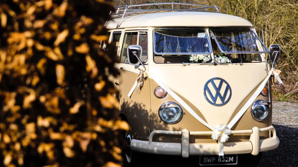 Volkswagen Split Screen Camper Van front fiew with front windows open
