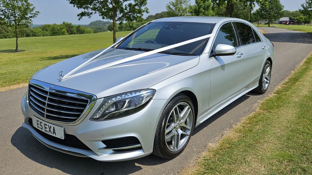 Mercedes s-Class 3/4 view with White Wedding Ribbons