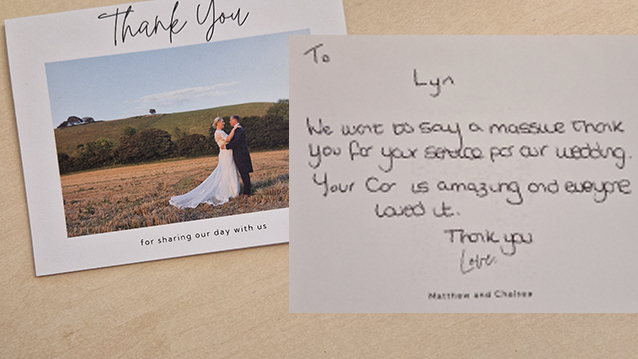 <p>To lyn, We want to say a massive thank you for your serivce at our wedding. Your car is amazing and everyone loved it. Thank you, Love, Matthew & Chelsea.</p>