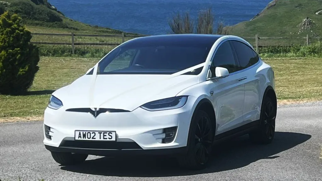 White Tesla X decorated with white ribbons on top of a cliff with view of the sea in the background